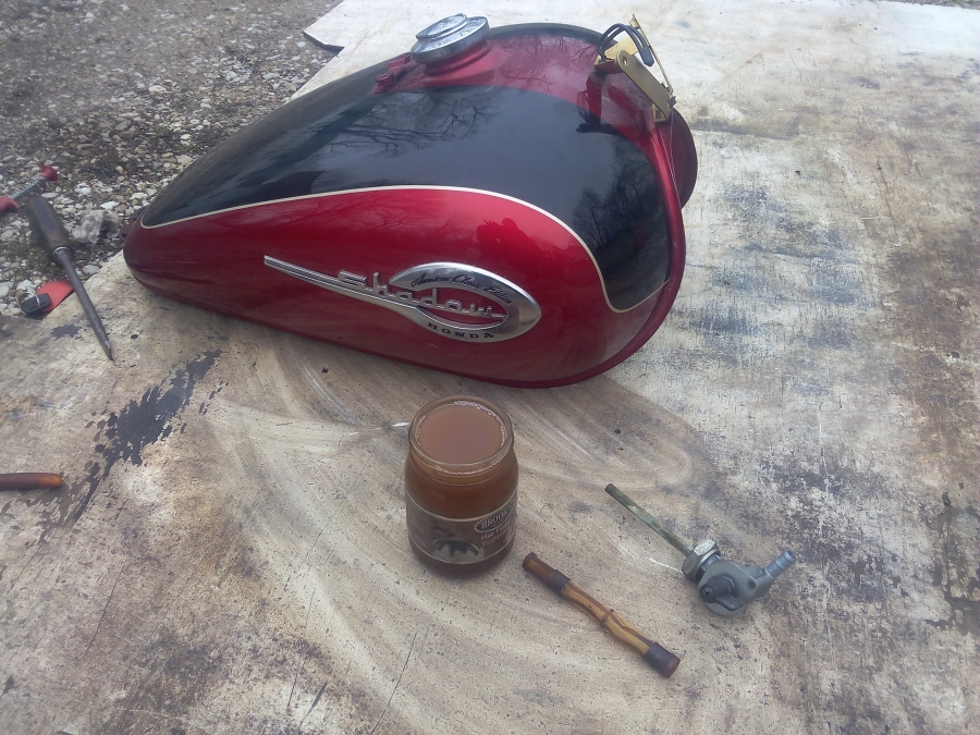 Here is a sample of the fuel that was in the gas tank, rusty color and smelled like varnish, of this 2003 750 Honda Shadow Ace Cruiser. The motorcycle had been sitting for approximately five years. Fortunately the gas tank was not ruined from the old gas in the tank.The customer called PMC Super Tuners out for no start diagnostics, and that is when our mechanic found really bad gas in the fuel tank, the carburetors were dirty and clogged with the old fuel. In addition the tires were low, battery dead, and throttle cables were stuck.