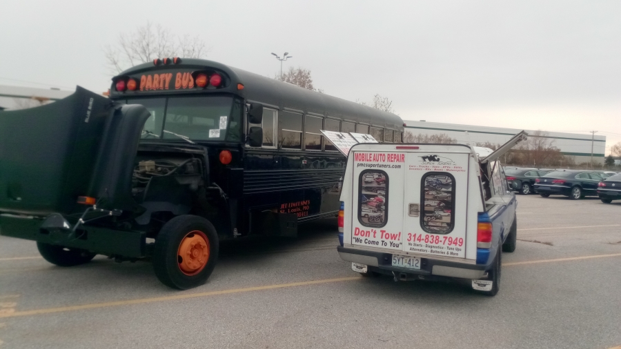 This 1996 GMC bus is a party bus that was converted by a limousine company from a school bus.  The customers purchased it at an auto auction in Earth City, MO to be used for an athletic team in Arkansas. After the purchase, on a frigid 20 degree day, 400 miles from home, they found that it wouldn't start.  So they called PMC Super Tuners to the rescue.  Our mobile automotive repair service technician delivered same day service and determined there was a problem in the fuel system.  No tow truck, no waiting! Imagine the cost of a tow bill on a school bus!!!  After several hours working in the cold, the party bus started and the customers began their journey home. 